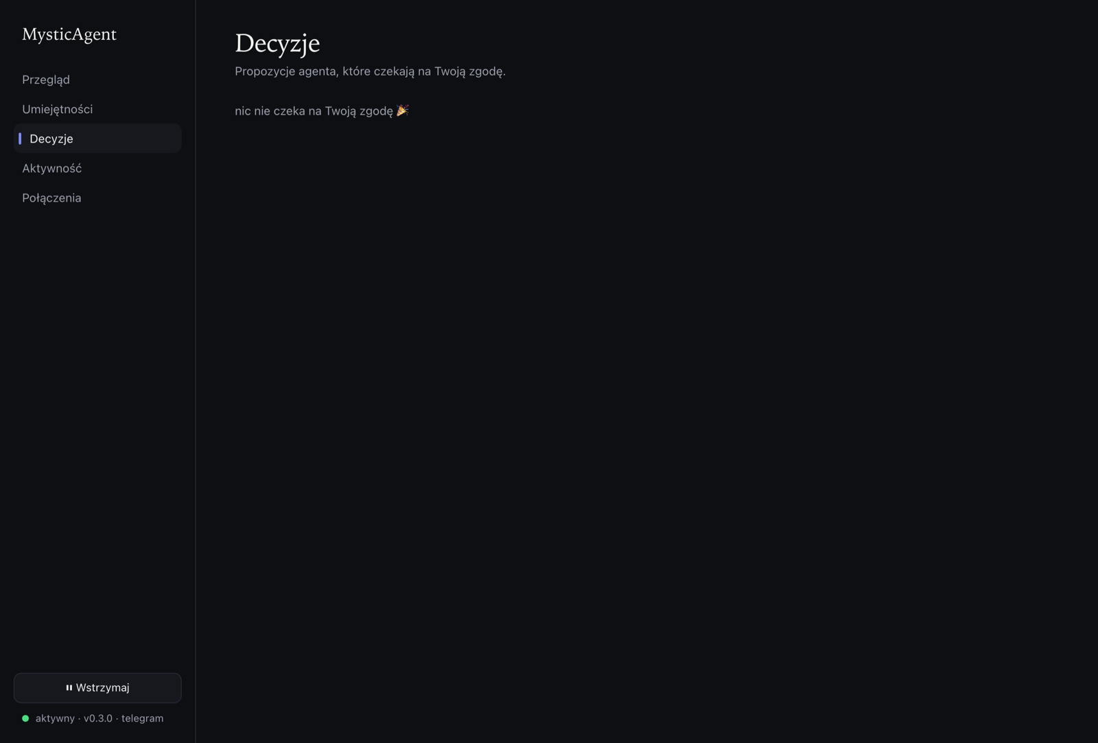 Dashboard MysticAgent — zakładka Decyzje