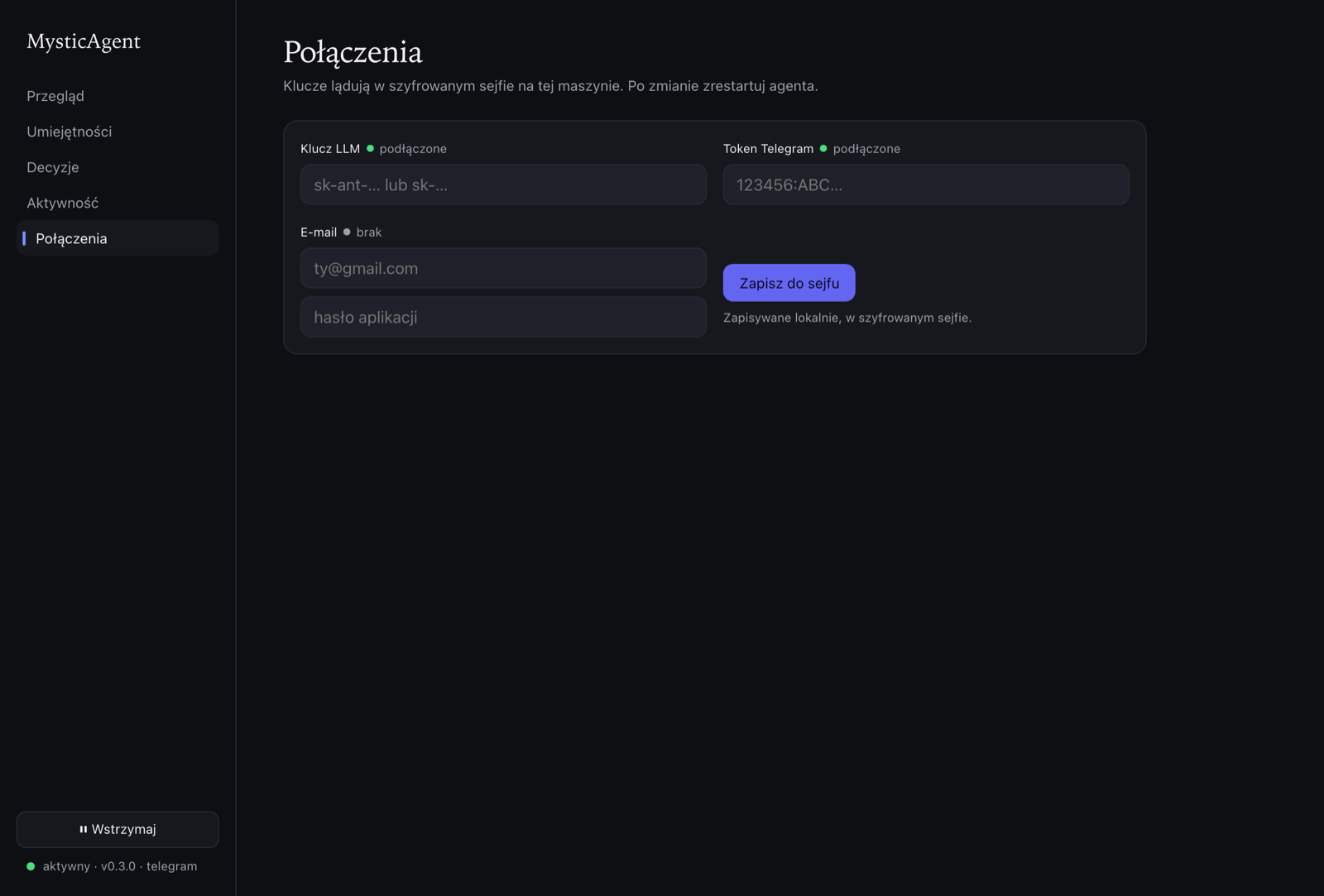 Dashboard MysticAgent — zakładka Połączenia