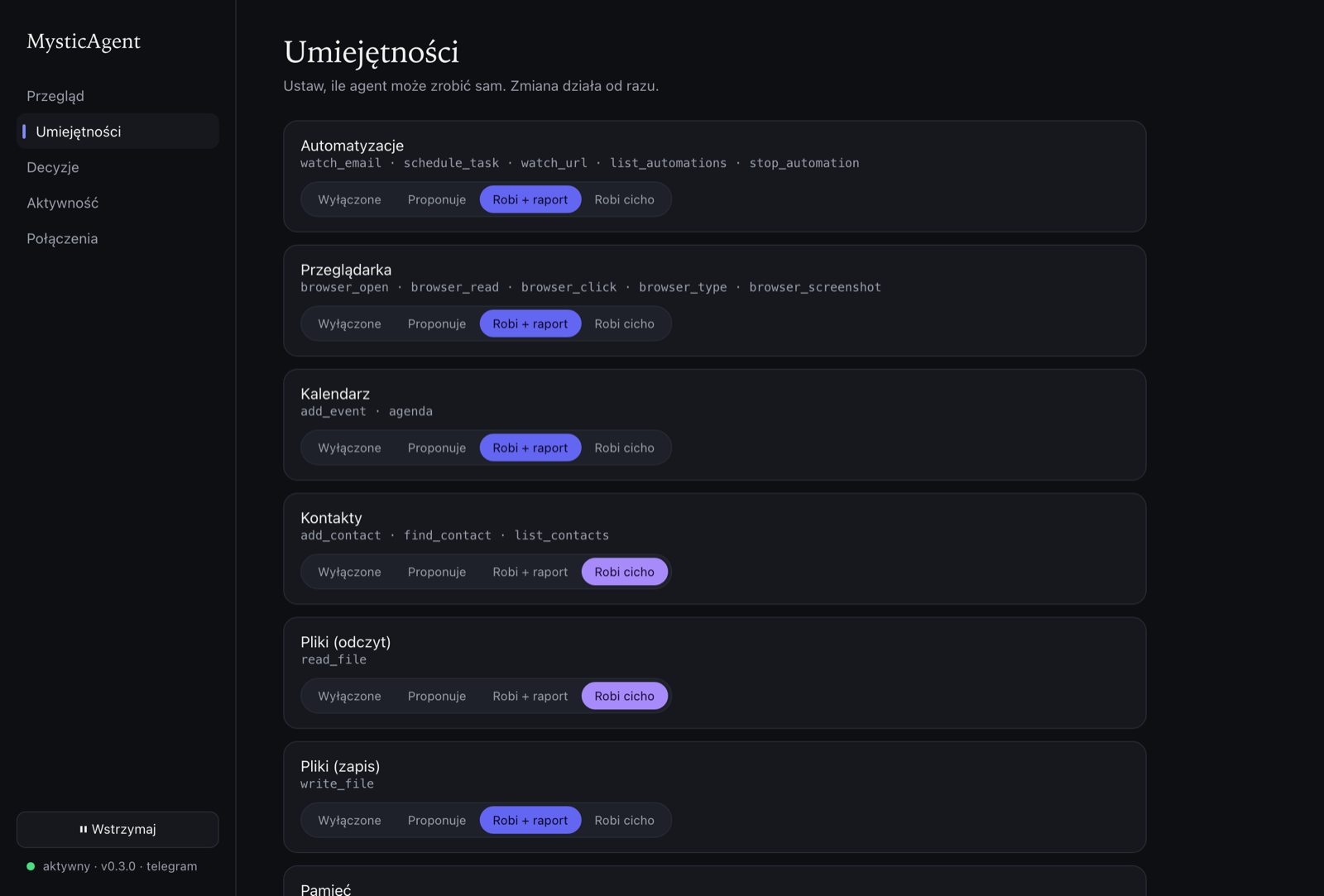 Dashboard MysticAgent — zakładka Umiejętności
